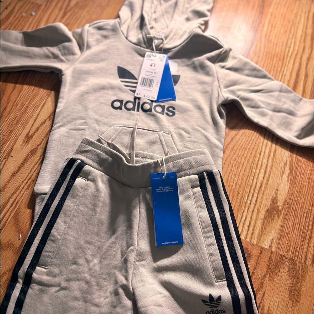 Adidas Light Gray Tracksuit with Black Stripes sweater and pants for boys 4T